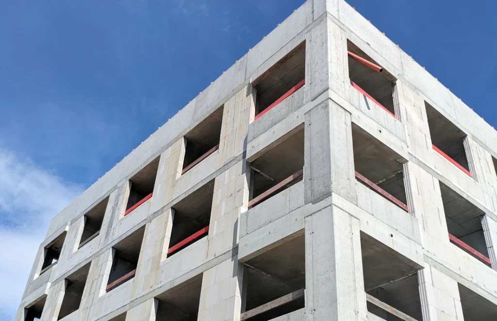 Concrete building corner viewed from below against a blue sky