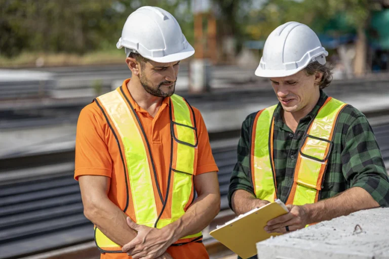 Two engineers in safety vests reviewing a clipboard on site