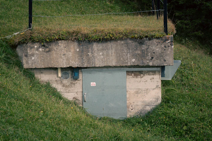 Concrete shelter built into a grassy hillside